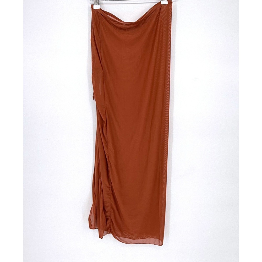 Sheer Mesh Stretchy Ruched Midi Skirt Beach Cover Up Rust Brown Size‎ S